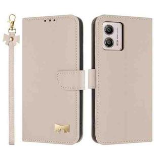 For Motorola Moto G73 5G Metal Bow Leather Phone Case with Hand Strap(Apricot)