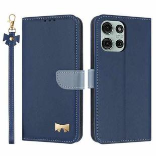 For Motorola Moto G75 5G Metal Bow Leather Phone Case with Hand Strap(Dark Blue)