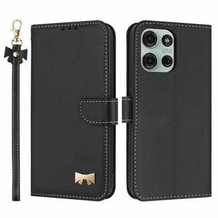 For Motorola Moto G75 5G Metal Bow Leather Phone Case with Hand Strap(Black)