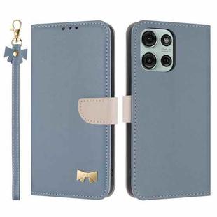 For Motorola Moto G75 5G Metal Bow Leather Phone Case with Hand Strap(Light Blue)