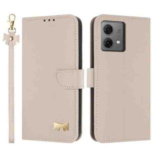 For Motorola Moto G84 5G Metal Bow Leather Phone Case with Hand Strap(Apricot)