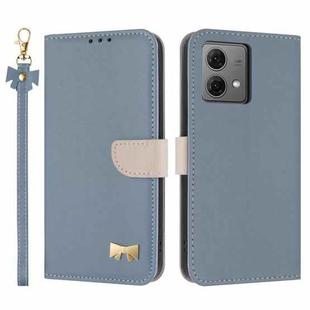 For Motorola Moto G84 5G Metal Bow Leather Phone Case with Hand Strap(Light Blue)