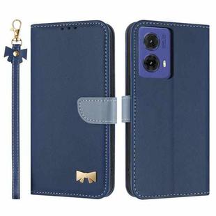 For Motorola Moto G85 5G Metal Bow Leather Phone Case with Hand Strap(Dark Blue)