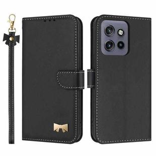 For Motorola Moto G56 5G Metal Bow Leather Phone Case with Hand Strap(Black)
