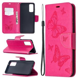 For Samsung Galaxy S20 FE 5G / S20 Lite Embossing Two Butterflies Pattern Horizontal Flip PU Leather Case with Holder & Card Slot & Wallet & Lanyard(Rose Red)