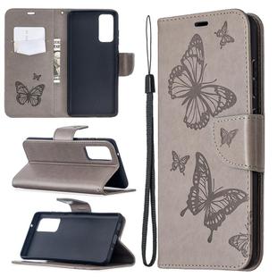 For Samsung Galaxy S20 FE 5G / S20 Lite Embossing Two Butterflies Pattern Horizontal Flip PU Leather Case with Holder & Card Slot & Wallet & Lanyard(Grey)