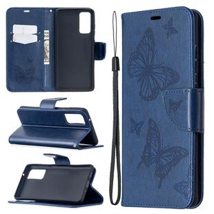 For Samsung Galaxy S20 FE 5G / S20 Lite Embossing Two Butterflies Pattern Horizontal Flip PU Leather Case with Holder & Card Slot & Wallet & Lanyard(Blue)