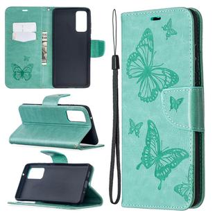 For Samsung Galaxy S20 FE 5G / S20 Lite Embossing Two Butterflies Pattern Horizontal Flip PU Leather Case with Holder & Card Slot & Wallet & Lanyard(Green)