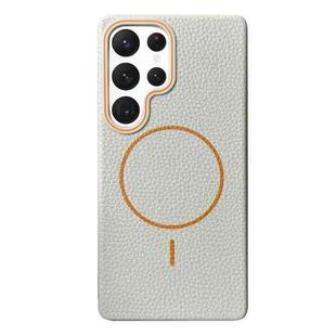 For Samsung Galaxy S22 Ultra 5G Thin Circle MagSafe Litchi Grain TPU Phone Case(White Orange)