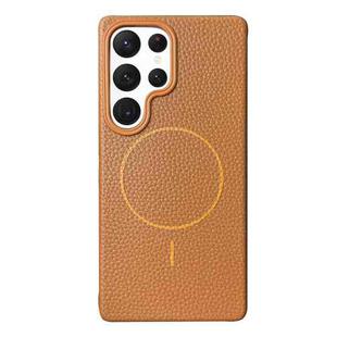For Samsung Galaxy S22 Ultra 5G Thin Circle MagSafe Litchi Grain TPU Phone Case(Gold Brown)