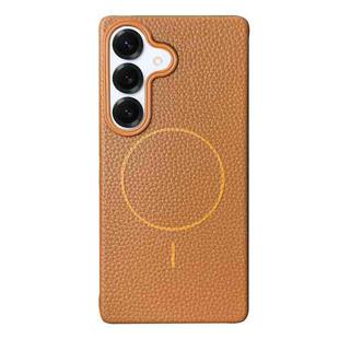 For Samsung Galaxy S25 5G Thin Circle MagSafe Litchi Grain TPU Phone Case(Gold Brown)