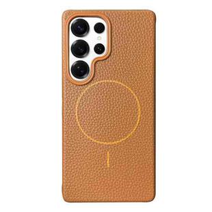 For Samsung Galaxy S25 Ultra 5G Thin Circle MagSafe Litchi Grain TPU Phone Case(Gold Brown)