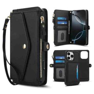 For iPhone 16 Pro Max Multifunctional Wallet Detachable Leather Phone Case with Lanyard(Black)