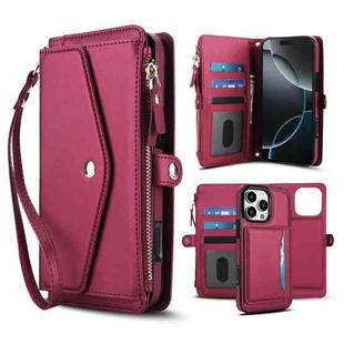 For iPhone 16 Pro Max Multifunctional Wallet Detachable Leather Phone Case with Lanyard(Red)