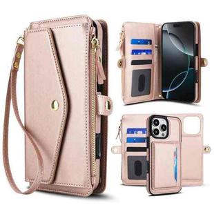 For iPhone 16 Pro Max Multifunctional Wallet Detachable Leather Phone Case with Lanyard(Rose Gold)