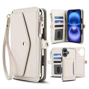 For iPhone 16 Multifunctional Wallet Detachable Leather Phone Case with Lanyard(White)