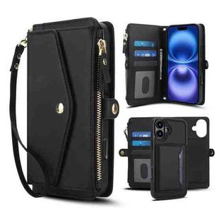 For iPhone 16 Multifunctional Wallet Detachable Leather Phone Case with Lanyard(Black)