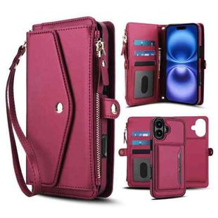 For iPhone 16 Multifunctional Wallet Detachable Leather Phone Case with Lanyard(Red)