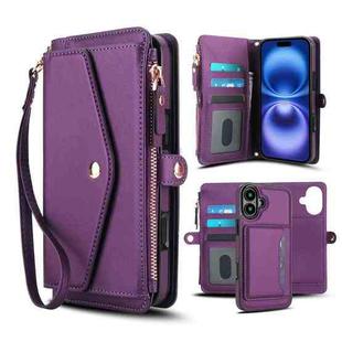 For iPhone 16 Multifunctional Wallet Detachable Leather Phone Case with Lanyard(Dark Purple)