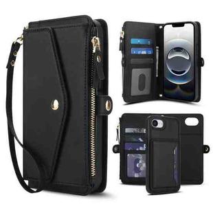 For iPhone 16e Multifunctional Wallet Detachable Leather Phone Case with Lanyard(Black)