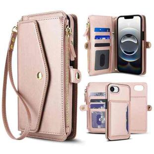 For iPhone 16e Multifunctional Wallet Detachable Leather Phone Case with Lanyard(Rose Gold)