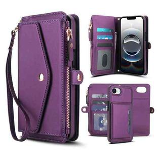 For iPhone 16e Multifunctional Wallet Detachable Leather Phone Case with Lanyard(Dark Purple)