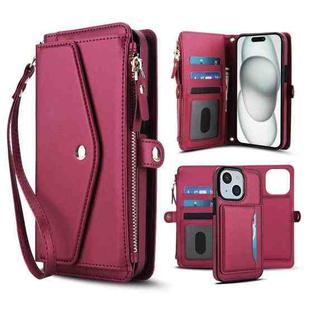 For iPhone 15 Plus Multifunctional Wallet Detachable Leather Phone Case with Lanyard(Red)