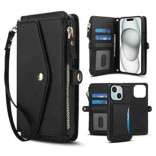 For iPhone 15 Multifunctional Wallet Detachable Leather Phone Case with Lanyard(Black)