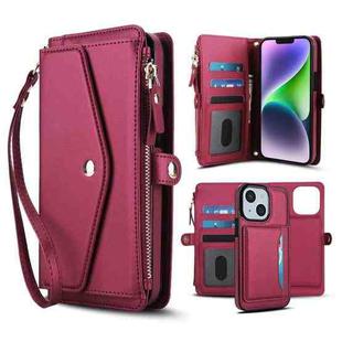 For iPhone 14 Multifunctional Wallet Detachable Leather Phone Case with Lanyard(Red)
