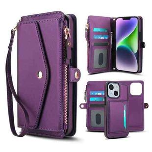 For iPhone 14 Multifunctional Wallet Detachable Leather Phone Case with Lanyard(Dark Purple)