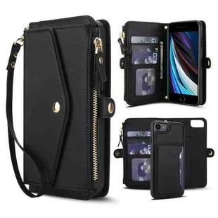 For iPhone SE 2022 / 2020 Multifunctional Wallet Detachable Leather Phone Case with Lanyard(Black)
