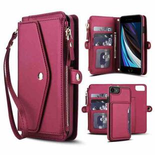For iPhone SE 2022 / 2020 Multifunctional Wallet Detachable Leather Phone Case with Lanyard(Red)