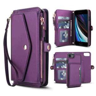 For iPhone SE 2022 / 2020 Multifunctional Wallet Detachable Leather Phone Case with Lanyard(Dark Purple)