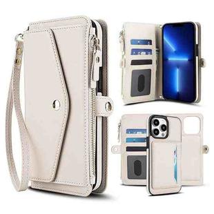 For iPhone 13 Pro Max Multifunctional Wallet Detachable Leather Phone Case with Lanyard(White)