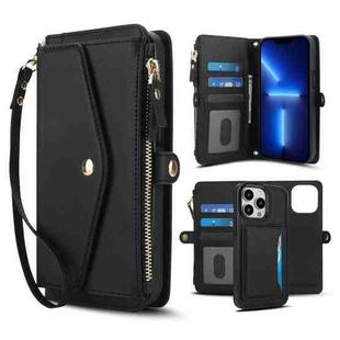 For iPhone 13 Pro Multifunctional Wallet Detachable Leather Phone Case with Lanyard(Black)