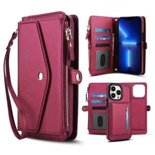 For iPhone 13 Pro Multifunctional Wallet Detachable Leather Phone Case with Lanyard(Red)