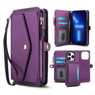 For iPhone 13 Pro Multifunctional Wallet Detachable Leather Phone Case with Lanyard(Dark Purple)