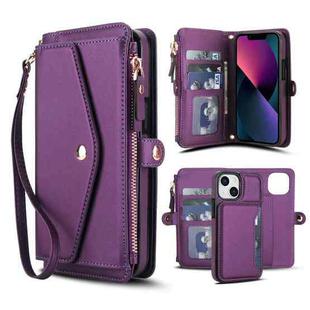 For iPhone 13 mini Multifunctional Wallet Detachable Leather Phone Case with Lanyard(Dark Purple)
