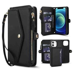 For iPhone 12 mini Multifunctional Wallet Detachable Leather Phone Case with Lanyard(Black)