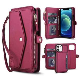 For iPhone 12 mini Multifunctional Wallet Detachable Leather Phone Case with Lanyard(Red)