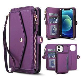 For iPhone 12 mini Multifunctional Wallet Detachable Leather Phone Case with Lanyard(Dark Purple)