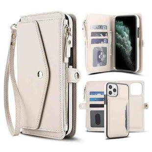 For iPhone 11 Pro Max Multifunctional Wallet Detachable Leather Phone Case with Lanyard(White)