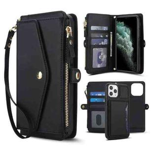 For iPhone 11 Pro Max Multifunctional Wallet Detachable Leather Phone Case with Lanyard(Black)
