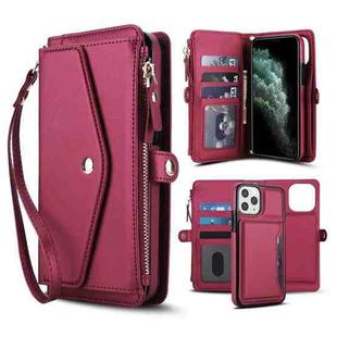 For iPhone 11 Pro Max Multifunctional Wallet Detachable Leather Phone Case with Lanyard(Red)