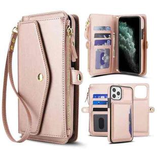For iPhone 11 Pro Max Multifunctional Wallet Detachable Leather Phone Case with Lanyard(Rose Gold)