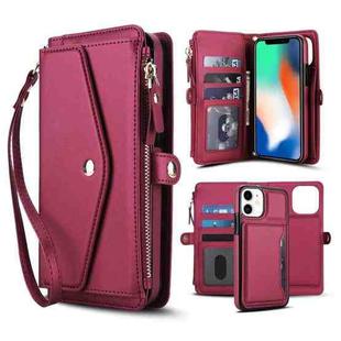 For iPhone 11 Multifunctional Wallet Detachable Leather Phone Case with Lanyard(Red)