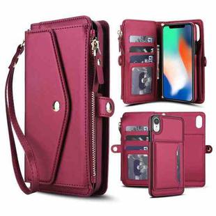 For iPhone XR Multifunctional Wallet Detachable Leather Phone Case with Lanyard(Red)