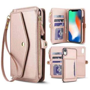 For iPhone XR Multifunctional Wallet Detachable Leather Phone Case with Lanyard(Rose Gold)
