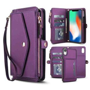 For iPhone XR Multifunctional Wallet Detachable Leather Phone Case with Lanyard(Dark Purple)