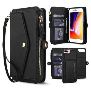 For iPhone 8 Plus Multifunctional Wallet Detachable Leather Phone Case with Lanyard(Black)